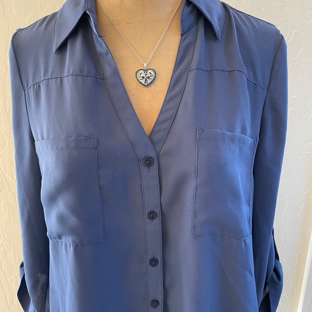 Beautiful Denim Colored Long Sleeve Blouse, Med - Picture 2 of 5